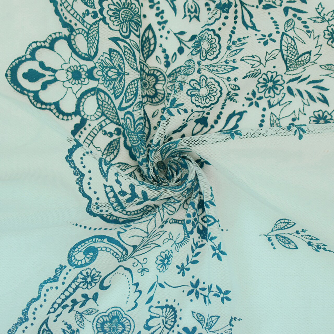 Light Blue-Teal Nylon Floral Border Scallop Printed Mesh Tulle Knit Fabric By the Yard